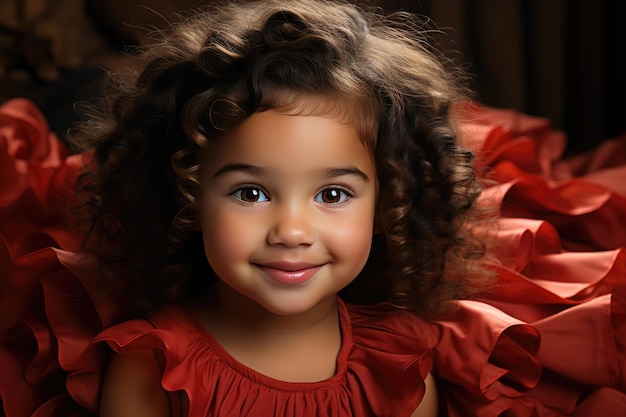 Dziecko z Ameryki Łacińskiej ubrane w czerwoną sukienkę na czarnym tle