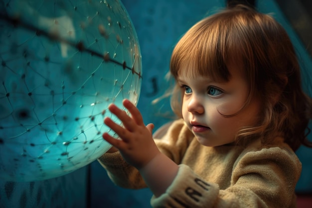 Dziecko z autyzmem patrząc na szklany przezroczysty panel z psychologiczną koncepcją liczb