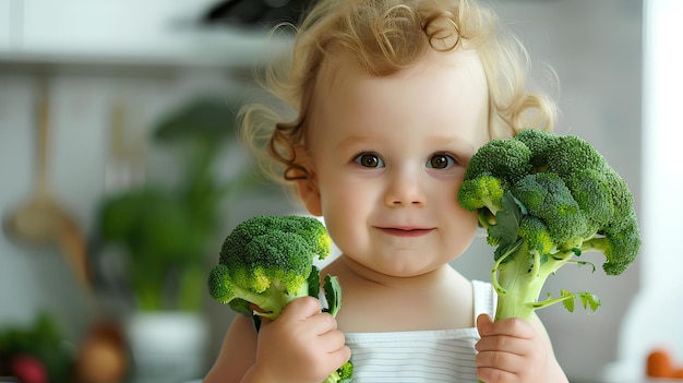 Dziecko z brokolicą w ręku w białym pokoju