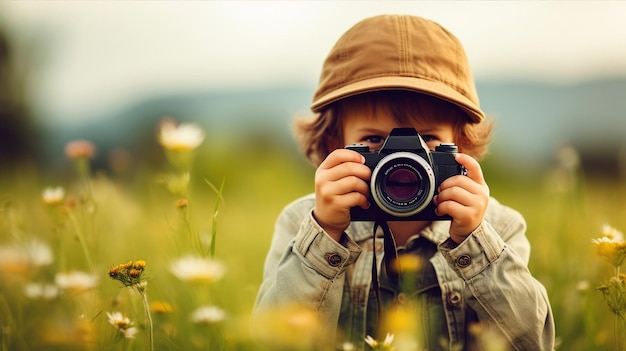 Zdjęcie dziecko z kamerą rejestrującą chwile, początkujący fotograf z wzrokiem na szczegóły