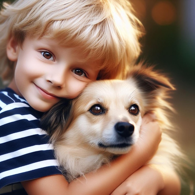 Zdjęcie dziecko z miłością przytula swojego psa