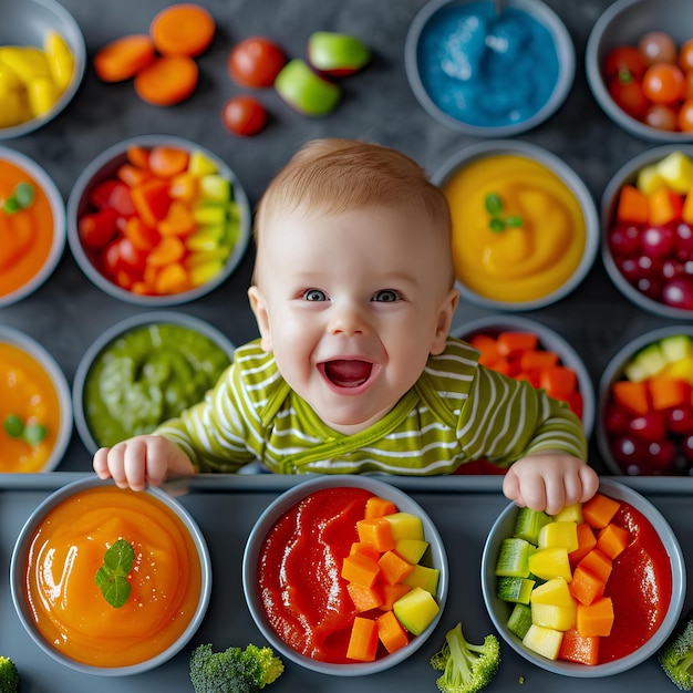 Dziecko z mnóstwem kolorowych potraw w misce i uśmiechnięte