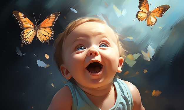 dziecko z motylami wokół twarzy