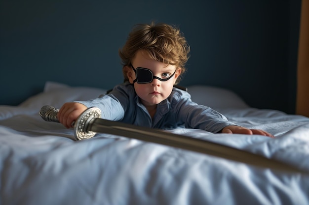 Dziecko z opaską na oku trzymające miecz na łóżku