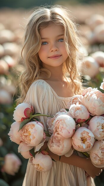 Zdjęcie dziecko z pieonami miękkie spojrzenie naturalne światło obszar zastosowania arrangementy kwiatowe produkty kosmetyczne spri