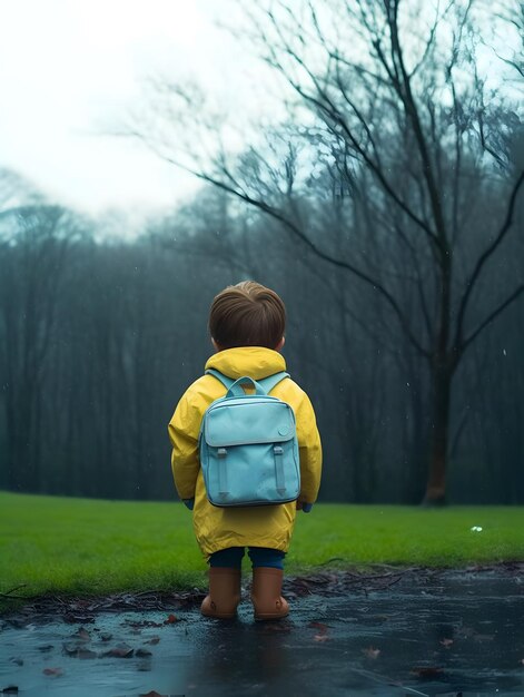 Dziecko z płaszczem przeciwdeszczowym i plecakiem Koncepcja powrotu do szkoły wygenerowana przez sztuczną inteligencję