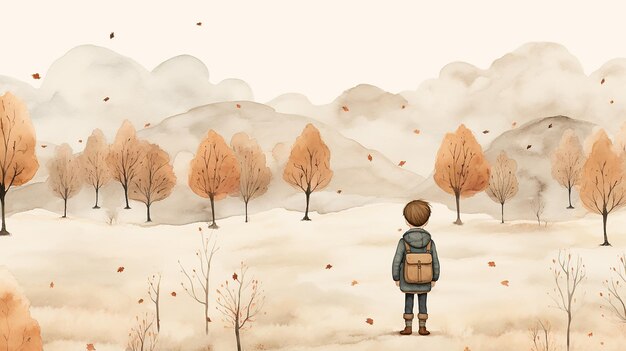dziecko z plecakiem na jesieńskim wędrówce akwarel rysuje ilustrację obrazową z powrotem do szkoły