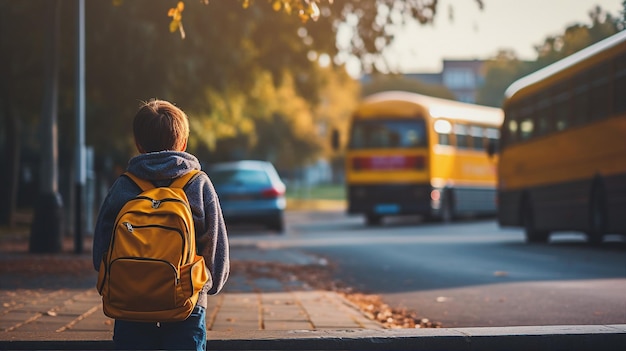 Dziecko z plecakiem z niecierpliwością czeka na autobus szkolny mieszanka nerwów i podekscytowania