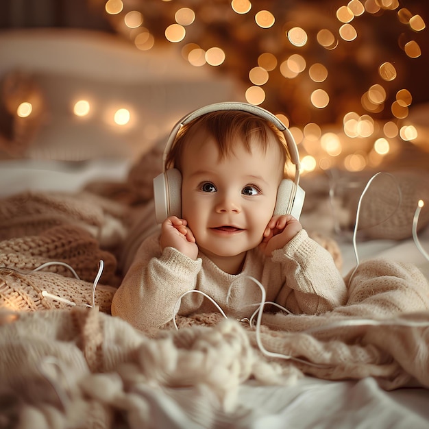 Dziecko z słuchawkami leżące na łóżku z kocem i światłami na tle i Bożym Narodzeniem