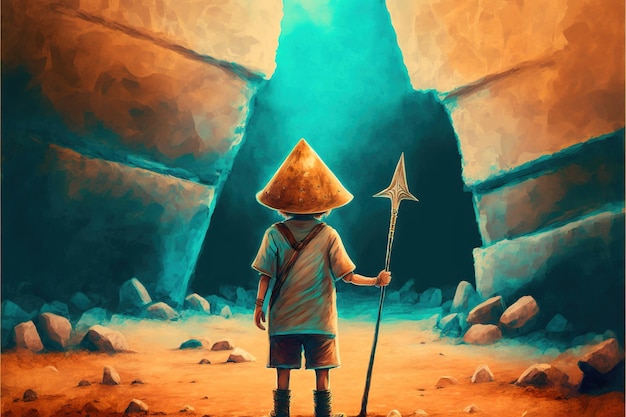 Dziecko z włócznią stojące w jaskini pełnej wielu futurystycznych kamiennych bloków ilustracja w stylu sztuki cyfrowej malarstwo fantasy ilustracja dziecka z bronią w rękach