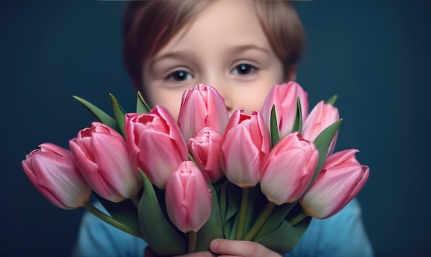 Dziecko zaglądające zza różowych tulipanów.