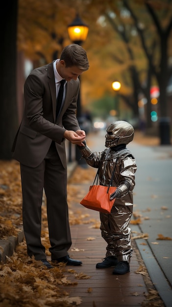 Dziecko zbierające słodycze Motyw Halloween Wygenerowano przy użyciu sztucznej inteligencji