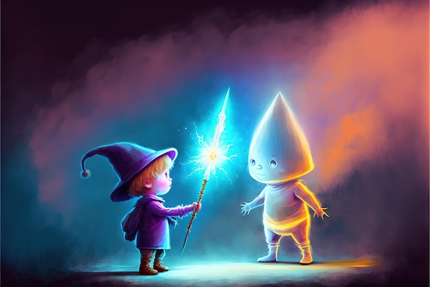 Zdjęcie dziecko ze świecącym mieczem przeciwko kreatorowi malowanie ilustracji w stylu sztuki cyfrowej ilustracja fantasy przedstawiająca dziecko walczące z kreatorem