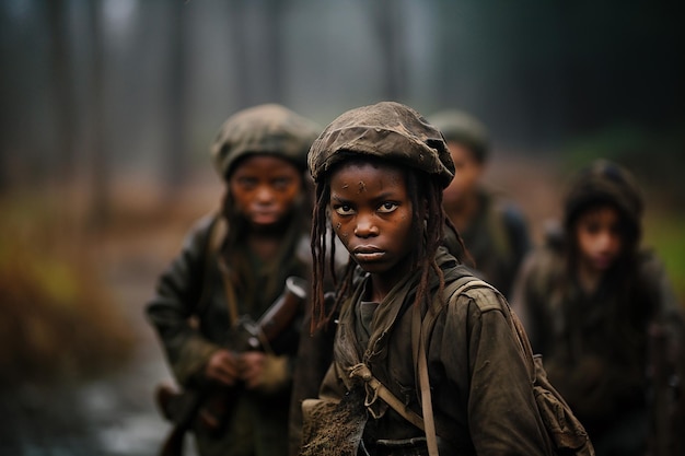 Dziecko-żołnierz, czarny afrykański chłopiec z dredami w grupie z innymi dziećmi w ubraniach wojskowych