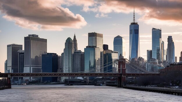 Dzielnica finansowa Manhattanu z drapaczami chmur i autostradą nad East River