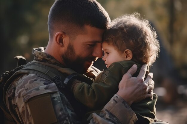Dzielny żołnierz czule trzyma w ramionach małe dziecko