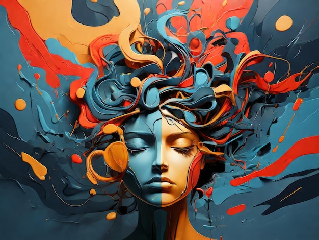 Dzieło artystyczne z koncepcją depresji przedstawiające twarz kobiety z pociągami farby reprezentującymi chaos psychiczny