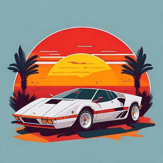 dzieło sztuki koszulki graficzny płaski projekt jednego retro Ferrari białe Miami kolorowe odcienie