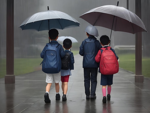 Dzień deszczu idzie do szkoły.