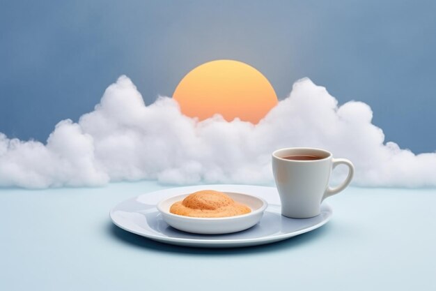 Zdjęcie dzień dobry ze śniadaniem, kawą, sokami i niesamowitym widokiem.