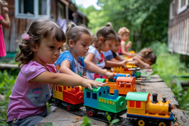 Dzień dzieci z dziećmi bawiącymi się na zewnątrz w zabawkowym pociągu