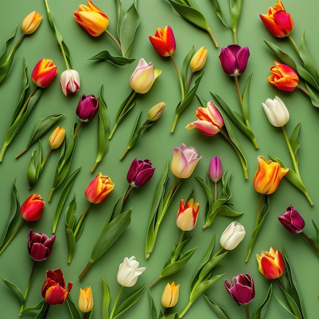 Dzień Kobiet lub Wielkanocne tło z góry widok kolorowych wiosennych tulipanów na zielonym projekcie kartki powitalnej
