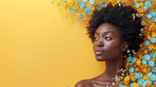 Dzień Kobiet Portret czarnej kobiety na żółtym tle otoczonej kwiatami wolna przestrzeń