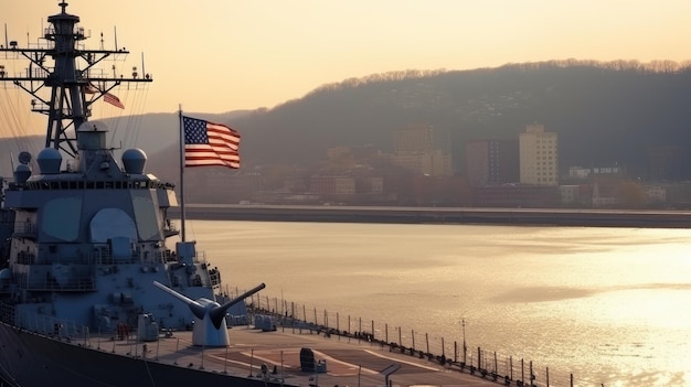 Zdjęcie dzień marynarki wojennej stanów zjednoczonych statek wojskowy na wodzie z flagą usa generacyjna sztuczna inteligencja
