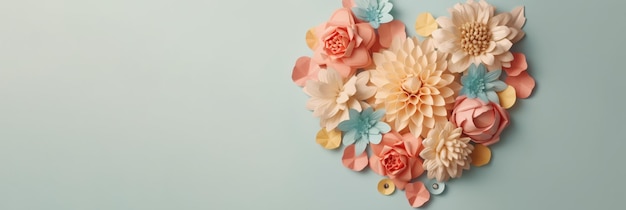 Dzień Matki Dzień Mamy lub Dzień Kobiet lub Walentynki Kompozycja kwiatów w kształcie serca z miejsca kopiowania na pastelowym tle Styl 3d Generative Ai