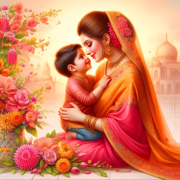 Dzień Matki Tło z matką i córką z kwiatem Szczęśliwe święto Dnia Matki