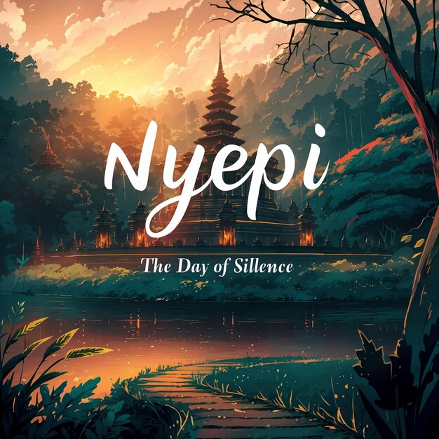 Dzień milczenia Nyepi ilustracja tła z świątynią przy zachodzie słońca