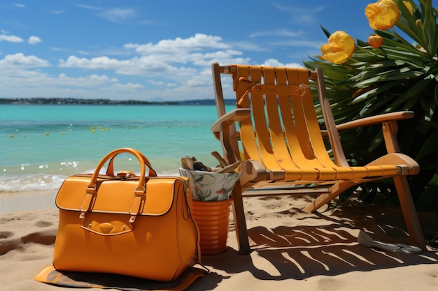 Dzień na plaży z sandałami, torbą plażową i słońcem, sezon letni, obraz natury.
