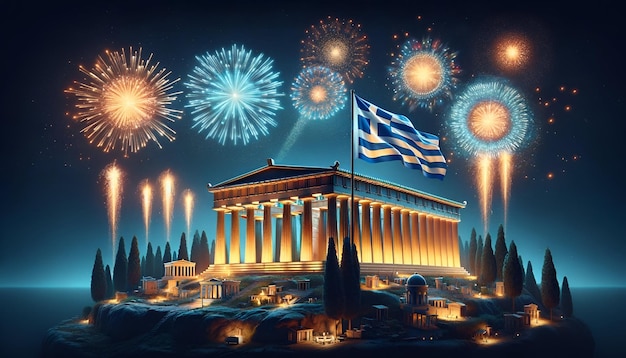 Dzień niepodległości Grecji w tle w nocy z fajerwerkami nad Partenonem
