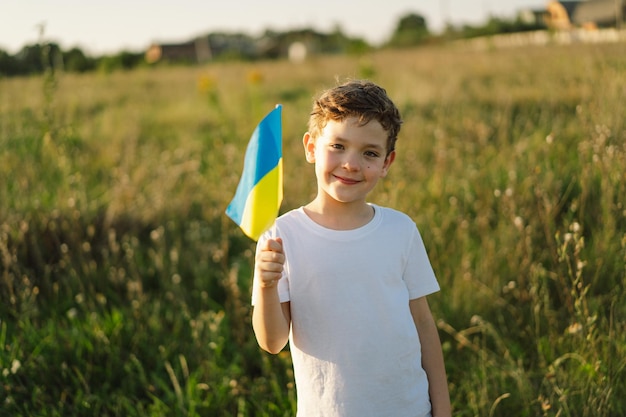 Dzień Niepodległości Ukrainy Ukraiński chłopiec w białej koszulce z żółto-niebieską flagą Ukrainy w polu Flaga Ukrainy Dzień Konstytucji Stoisko z Ukrainą Ocal Ukrainę