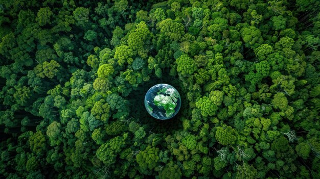 Zdjęcie dzień ochrony ziemi planeta ziemia jest kolorowo zielona w środku gęstego lasu