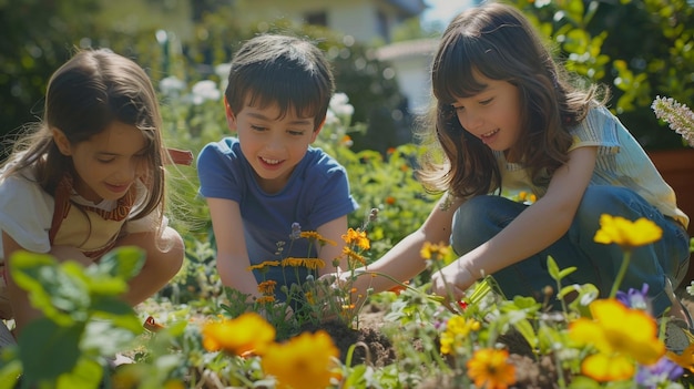 Dzień ogrodnictwa rodzinnego dzieci sadzące kwiaty radosna praca zespołowa