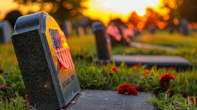 Dzień Pamięci z amerykańskimi flagami na cmentarzu