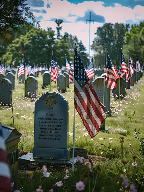 Zdjęcie dzień pamięci z flagą usa i nagrobkiem dla projektu