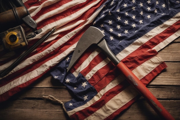 Dzień Pracy amerykańska flaga i narzędzie budowlane powyżej widok USA święto świętowanie arc