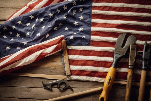 Dzień Pracy amerykańska flaga i narzędzie budowlane powyżej widok USA świętowanie arcy