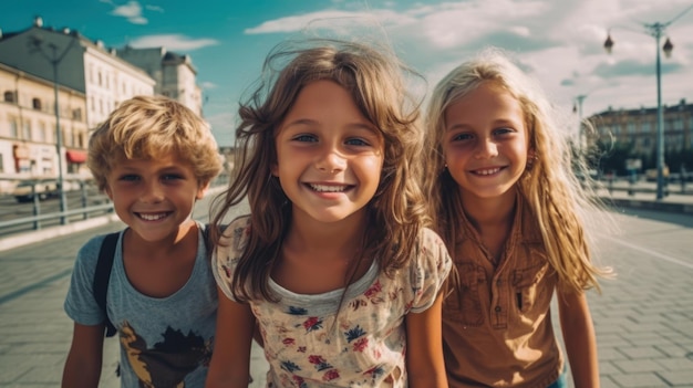 Dzień przyjaźni Przyjaźń dzieci Szczęśliwe dzieci uśmiechają się do kamery