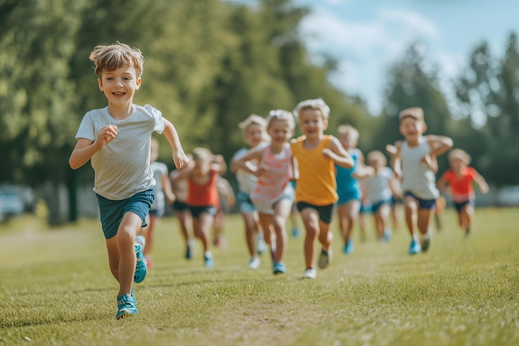 Zdjęcie dzień sportowy dla dzieci z udziałem w wyścigach i grach