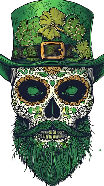 Dzień św. Patryka Leprechaun Irish Sugar Skull Irish skull with clover Skull grunge vintage design