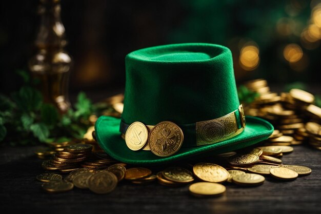 Dzień św. Patryka zielony kapelusz leprechaun na złotych czapkach