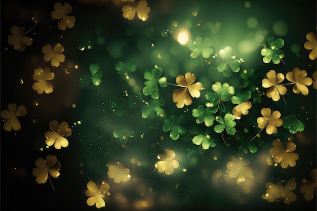 Dzień Świętego Patryka abstrakcyjne ciemne tło ozdobione zielonymi i złotymi liśćmi koniczyny Impreza z okazji Dnia Świętego Patryka Ilustracja pozioma Generacyjna sztuczna inteligencja