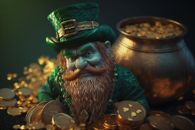 Dzień Świętego Patryka. Leprechaun w zielonym kapeluszu obok garnka ze złotymi monetami