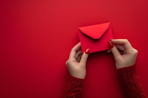 Dzień Świętego Walentynki Górny widok Ręce otwierające czerwoną kopertę z listem