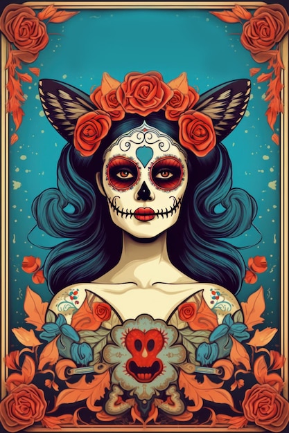 Dzień umarłych Dia de los muertos plakat świąteczny Ilustracja AI Generative