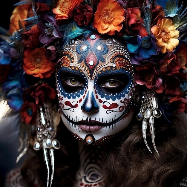 Dzień umarłych, makijaż twarzy dziewczyny, portret Dia de los muertos