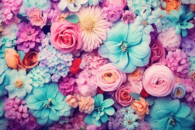 Zdjęcie dzień walentynek różnorodne wiosenne kwiaty na pastelowo-niebieskim kwiatowej świeżości i piękna generatywna sztuczna inteligencja